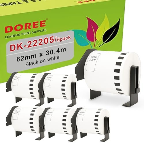 Doree 6 Rollen DK22205 62mm x 30,48m Endlosetiketten Brother QL kompatibel | 62 mm x 30,48m Endlosetikett Kompatibel mit Brother 22205 schwarz auf weis Brother QL-700/800 und anderen Serien