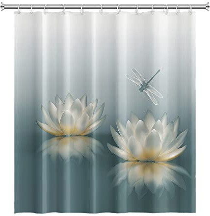 SDOTPMT 105x160cm Lotus Blume Duschvorhang Süß Libelle Zen Spa Badevorhang Elegant Blumen Spirituell Meditation für weiblich Badewanne Vorhang Wasserdicht für Badezimmer Badevorhang mit Haken
