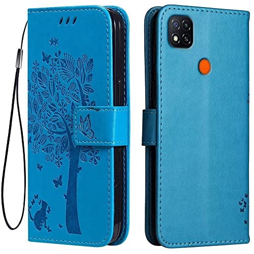 Topme Étui en Cuir pour Redmi 9C / Redmi 9C NFC/Redmi 10A (6.53 inches), [ Coque Housse de Téléphone Style Motif Chat Et Arbre] - Bleu