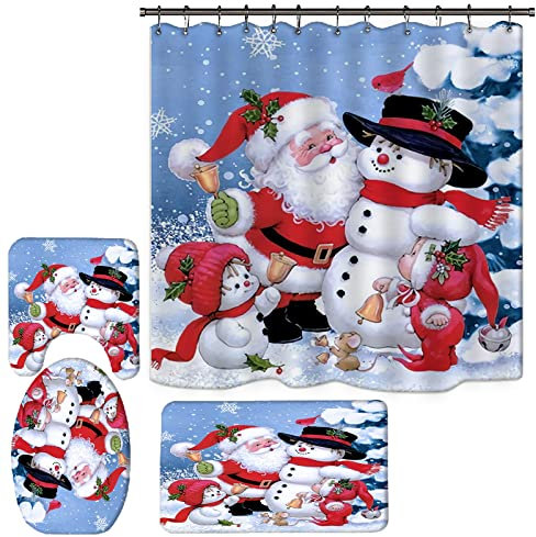 Ensemble de 4 décorations de Noël pour salle de bain - Housse de siège de toilette, tapis de douche sur le thème de Noël - Motif bonhomme de neige, nain, cerf, élan, baignoire (D1)