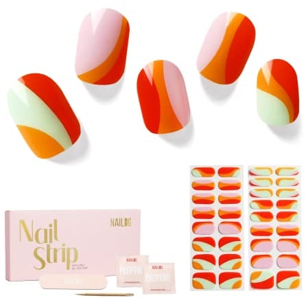 NAILOG Semi Cured Gel Nail Strips, 34 pcs Salon-Quality Gel Nail Stickers, Long Lasting Nail Wraps for Women with Soft Gel Finish, Lollipop