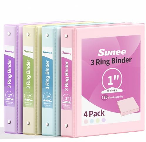 SUNEE 3 Ring Binder 1 Inch 4 Pack, Clear View 1 Binders Three Ring PVC-Free (Fit 8.5x11 Inches) for School or Office Supplies, Assorted Pastel