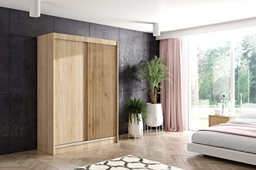 ALTDECOR Kleiderschrank mit Lamel-Schiebetüren, Führungsschienen und Aluminium- Leisten, LED-Beleuchtung und Fernbedienung - VILAN - 150 cm Sonoma Eiche + Sonoma Eiche + Lamelle Eiche Wotan