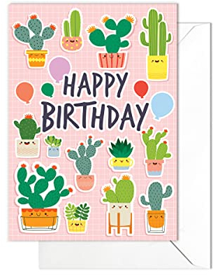 Happy Birthday Grußkarten – Japanischer Stil, niedliche Kawaii-Kunstkarte mit Umschlag (Kakteen-Party)