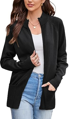 GRACE KARIN Damen-Strickjacke, langärmelig, Reißverschluss, mit Taschen, Stehkragen, durchgehender Reißverschluss, leicht, Schwarz, XX-Large