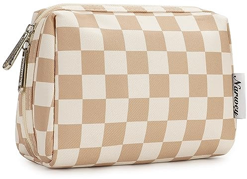 Klein Make up Tasche Kosmetiktasche Damen Schminktasche Klein Kulturtasche Damen Klein kulturbeutel, Makeup Tasche Makeup Bag (Gitter Hellbraun, Klein)