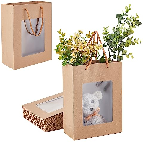 BENECREAT 14 Packungen Geschenktüten Mit Transparentem Fenster, Einkaufstaschen Aus Kraftpapier Mit Griff Für Babyparty, Geburtstag, Hochzeit, Floristenverpackung, 24x18x0.35cm