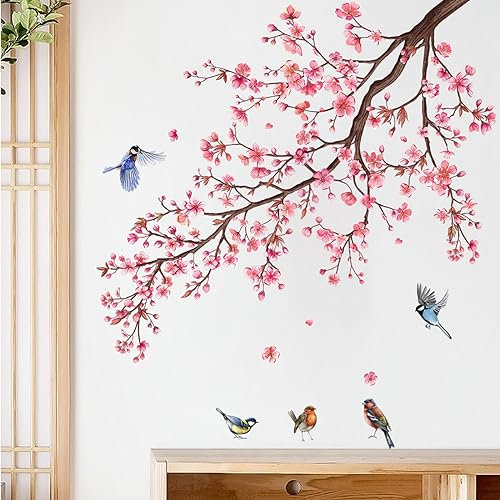 Stickers muraux pour chambre à coucher, salon, chambre de fille, chambre d'enfant, bureau - Motif arbre en fleurs roses - Oiseaux sur branche - Décoration murale - Motif arbre en fleurs roses