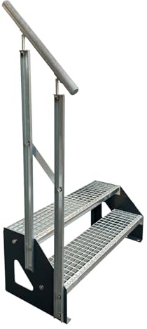 Kaminbau Mierzwa Premium Stahl Treppe Freistehend mit verzinktem Geländer Links/Wangen Anthrazit RAL 7016/2 Stufen verzinkt (Breite 1000 mm) (Höhe 38 cm) Gitterroststufe Gartentreppe