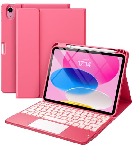 Harvopu Kompatibel för iPad 11:e 10:e generationen fodral med tangentbord, folio-skydd med pennhållare, multipek-styrplatta, 7 färgers bakgrundsbelyst, avtagbart tangentbord för iPad (A16) 11:e/10:e