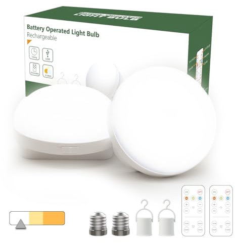 BIMEAN Rechargeable Battery Operated Light Bulb, E26/E27 Detachable LED Puck Light with Remote Control,Non-Hardwired,3 Color Temperature,Timer,Dimmer,LED Camping Lantern,LED Emergency Lamp,2 Pack