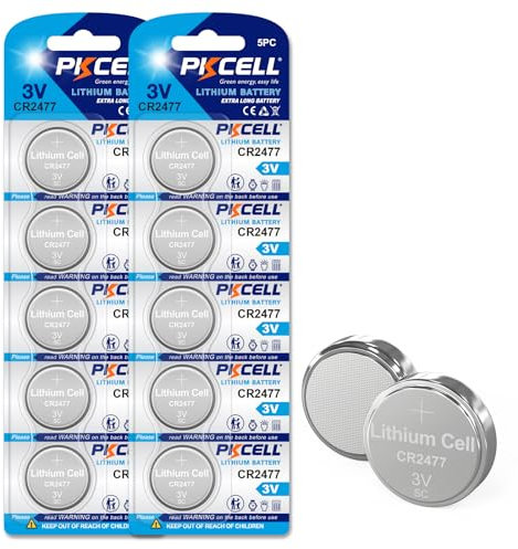 PKCELL CR2477 Battery 3V Lithium Button Cell Batteries for Electronic Candle, Key Fob, Light, Remote Control and Contact Sensor - 10 Pack