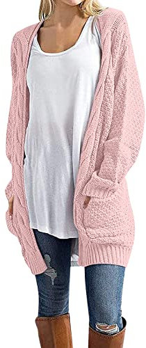 IQYU Cardigan da donna con tasche, lungo lavorato a maglia grossa, cardigan, oversize, maglione rosa, cardigan estivo, in lana, cardigan, elegante e leggero, in pile, Colore: rosa., L