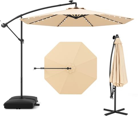 GOPLUS Sombrilla Terraza Exterior 3x3 m con 40 Luces LED Solares, Parasol Excentrico Inclinable con Pie y Base, Altura ajustable, Resistente al Viento y GuardaSol(con Base y LED, Beige, 3 M)