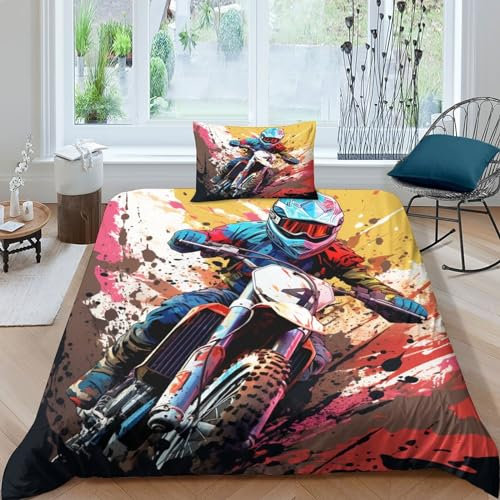 FSYQQASD Graffiti-Stil Bettbezug 3D-Druck Motorrad Bettwäsche 135x200 cm 2 Teilig,Mikrofaser Mit Kopfkissenbezug,Verborgener Reißverschluss Für Kinder,Teenager Und Erwachsene