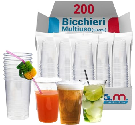 G.M. DISTRIBUZIONE 200 Bicchieri da 500 Ml Trasparente in PP Riutizzabile, Lavabili, per Cocktail, Birra, Granite, Frappe, Bicchieri Multiuso per Bar e Lounge Bar