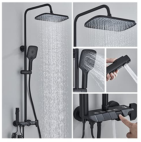 USKI Schwarzes Klavier-Digitalanzeige-Duschset, 4-Wege-Badezimmerarmaturen, Heiß-Kalt-Wasserfall-Hahn, Regenduschsystem(Black Hot Cold)