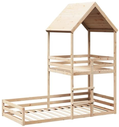 vidaXL Etagenbett, Hochbett mit Dach Leiter Sperrholzlatten, Stockbett für Schlafzimmer, Bett Holzbett Einzelbett, 90x200cm Massivholz Kiefer