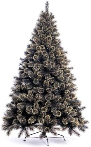 BAKAJI Albero di Natale Artificiale Super Folto Nero con Punte Oro Modello Luxury, Abete Premium Foltissimo Effetto Realistico, Rami Anticaduta, Altissima Qualità Montaggio, Base Ferro Croce (210 cm)