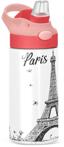Sevdomey Bouteille d'eau en forme de Tour Eiffel pour filles et garçons, bouteille d'eau isotherme anti-fuite en acier inoxydable de 350 ml avec paille pour école, crèche, voyage, sport