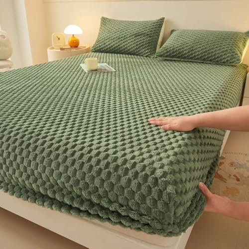 Homxi Spannbettlaken Einzelbett mit Elasthan,200 x 220 cm,Bettlaken Matratzen Samt Einfarbig Spannbettlacken Grün
