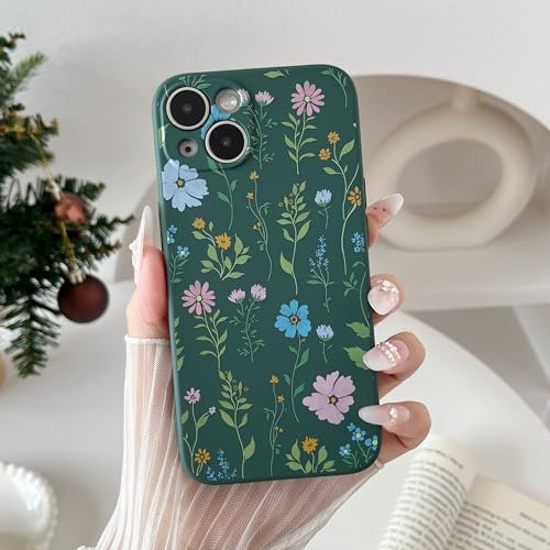 RALEAVO Flower Case for iPhone 13 Pro Max, Liquid Silicone Shockproof Protection Case Cover for Girls Women with Aesthetic Cute Floral Soft Slim Phone Case for iPhone 13 Pro Max-Dark Green/Cosmos