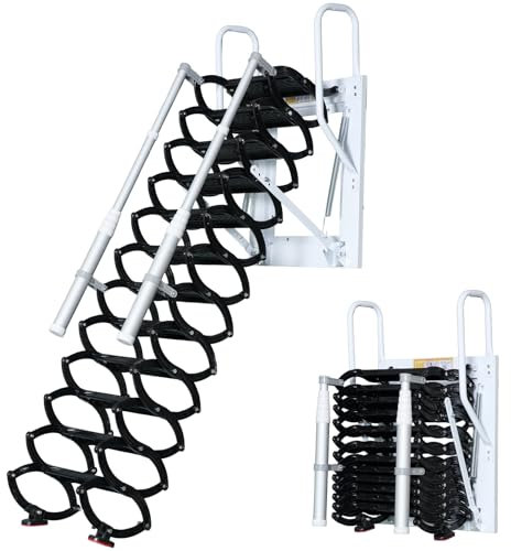 Escalera de ático de Pared, 12 Peldaños Escaleras Telescópicas desván, Escaleras Metálicas Plegables para áticos con Peldaños Telescópicos, para áticos, garajes y techos (Black, 12 Peldaños)