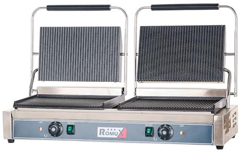 Romux® Doppelter elektrischer Kontaktgrill aus Edelstahl, 85 cm, mit doppelter gerillter Oberfläche, Kontaktgrill 300 °, 4400 W, Grillplatte für Bars und Restaurants