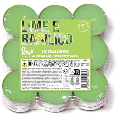 Price's Candles Petali Lime & Basil Tealights Pack of 18 | Fresh citrus & herbal aroma, up to 4 hours burn, ambient lighting, decorative home décor, ideal for events
