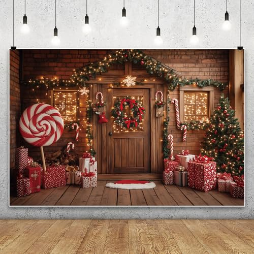 MIRRORANG 3x2.5m Fondo de fotografía con casa de Madera Decorativa navideña, Color marrón, con Dulces, árbol de Navidad, Copos de Nieve y Luces, Ideal para Fiestas Familiares de Invierno