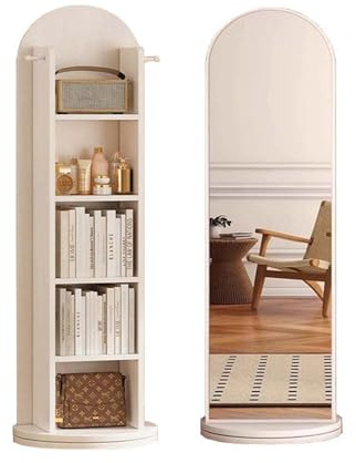 2-in-1 Full Length Mirror with Storage Shelf, 360° Swivel Floor Mirror and 5-Tier Display Bookcase, 4 Wooden Hooks, Large Storage Space, for Living Room, Bedroom, Study Room