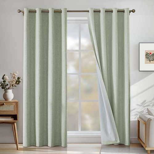 CYCMACO Verdunklungsvorhänge Leinen 2er Set, 140x145cm, Kälteschutz Thermovorhang Mit Ösen, Lärmschutzvorhang, Wohnzimmer Lichtundurchlässig Vorhänge, Schlafzimmer Vorhänge, Hellgrün