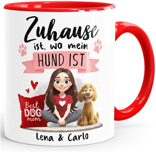 SpecialMe® Kaffeetasse Hundemama personalisiert Figuren 2 Hunde anpassbar Tasse Geschenk Hundebesitzer Frau Weiss-innen-rot standard