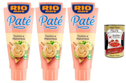 Italian Gourmet - Rio mare Paté Tonno e Maionese, Thunfisch-Paté mit Mayonnaise 3×100 g – Cremiger Brotaufstrich aus Thunfisch, streichzart, ideal für Sandwiches & Canapés + Italian Gourmet polpa