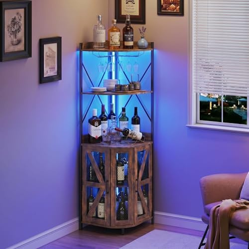 Garvee Armario para Vinos Esquinero con Enchufe, Mueble Bar Industrial con Luces LED 12 Colores y Portacopas, Botellero con Puerta de Malla, 5 Niveles para Salón, Cocina y Comedor, 180 cm