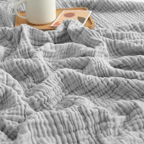EMME Musselin-Decke 150x200 Baumwolle Oeko-TEX Erwachsene Tagesdecke,Grau | Sommer-Überwurf Decken Für Couch Atmungsaktive Gaze-Decke Alle Jahreszeiten Weich & Leicht Vorgewaschene Baumwolldecke Sofa