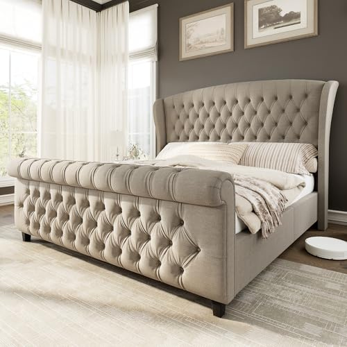 AMERLIFE King Size Platform Bed Frame, Linen Upholstered Sleigh Bed with Scroll Wingback Headboard & Footboard/Button Tufted/No Box Spring Required/Khaki