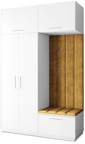 Masseno Flugarderoben Set Rema, Kleiderschrank-Set mit Sitzbank, Garderobenschrank Flur mit 5 Regalböden, Weiß