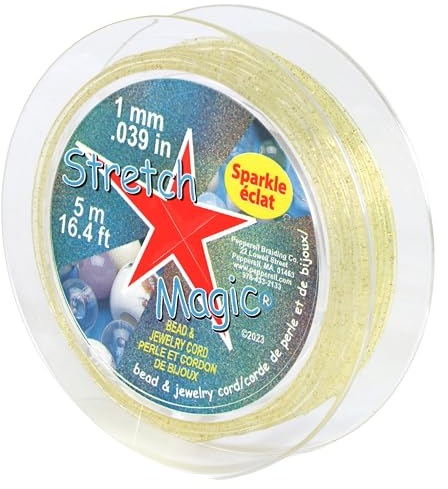 Stretch Magic Elastic Beading Cord – Gold Sparkle Color, 1mm in Diameter, 5-Meter (16.4 ft) - Easy to Knot, Strong & Stretchy String for Making Beaded Jewelry