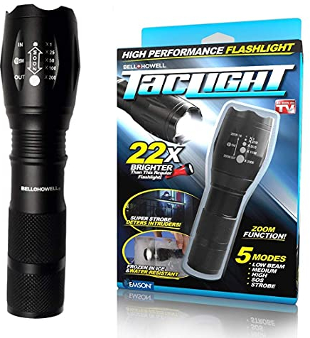 Bell+Howell TacLight Bright led Flashlight Tactical Flashlights Zoom Function 5 Modes 100,000 Hour Bulb Water Resistant Durable Mini Flashlight 5.4” x 1.6” Battery Powered 3X AAA