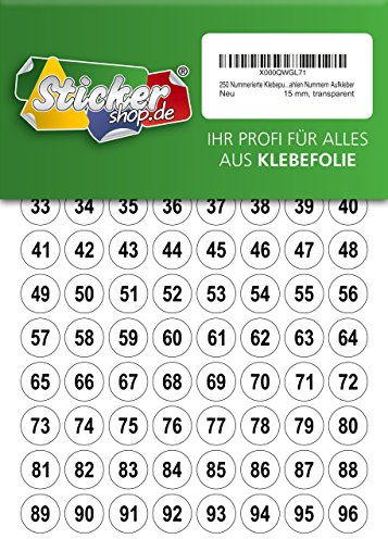 250 nummerierte Klebepunkte, 15 mm, transparent, aus PVC Folie, wetterfest, Markierungspunkte Kreise Punkte Zahlen Nummern Aufkleber