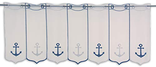 Scheibengardine Anker blau weiß Bestickt Höhe 45cm | Breite der Gardine frei wählbar in 16cm Schritten | Gardine | Panneaux