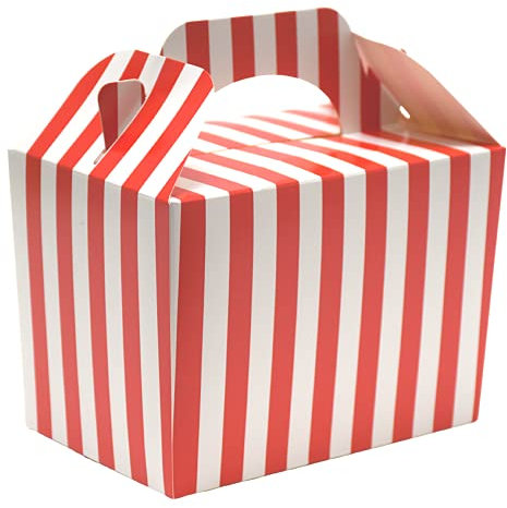 20 x Stripe Design Children/Kids Party Boxes Carry Food Meal Fun Picnic Birthday Wedding Favour/Baby Shower Party Box Loot Bag (Red)