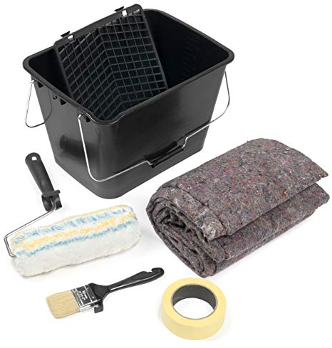 KIT FACHADAS - Rodillo de Pintura Lana Calidad Profesional con Cubeta, Rejilla, Cinta, Pincel y Fieltro cubre suelos - JUEGO DE HERRAMIENTAS ESPECIAL PINTURA EXTERIOR - 5 PIEZAS