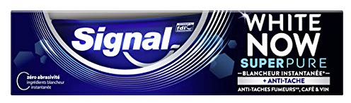 SIGNAL - White Now Super Pure White Zahnpasta - 3 x weißere Zähne ab dem ersten Putzen - Langanhaltende Weißheit - Anti-Fleckenwirkung - 94% Inhaltsstoffe natürlichen Ursprungs - 75 ml