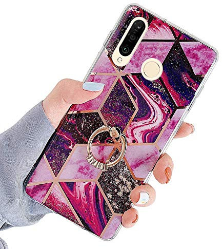 Uposao Kompatibel mit Huawei P30 Lite Hülle Silikon Glitzer Bling Marmor Handyhülle 360 Grad Ring Ständer Halter Diamant Weich TPU Schutzhülle Ultra Dünn Soft Kratzfest Hülle Case,Lila Rose