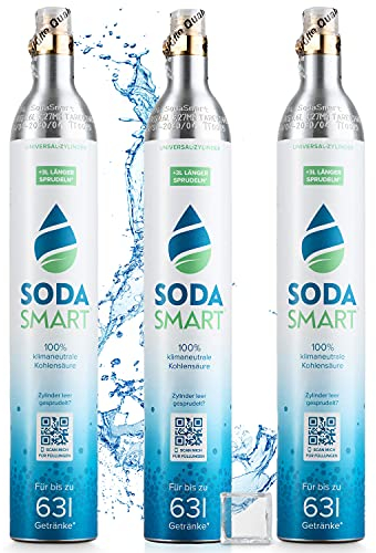 SodaSmart 3x Premium CO2 Zylinder für SodaStream Crystal 2.0, Easy, Aarke uvw. Wassersprudler | Gefüllt mit 425g Kohlensäure +25g extra für mehr als 60l | Kohlendioxid-Zylinder als Reservepack