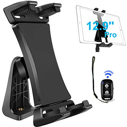 IPad Tablet Tripod Mount Adapter 360 Degree Rotatable Universal Clamp Holder with Remote for iPad Pro 12.9 11 10.5, iPad Air Mini, Surface Galaxy Tab, 3.5 to 13.5in Phone Tablets
