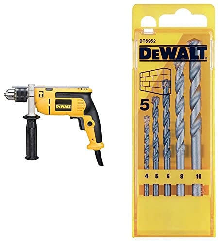 Dewalt DEWD024K DWD024KS 230 Volt Percussion Drill 13 mm with Kitbox, 701 W, Yellow/Black & DT6952-QZ Masonry Drill bit-Set (5 Piece)