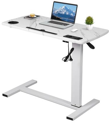 Levede Mobile Over Bed Desk with USB Port, Height Adjustable Healthcare Table, Gas Life Sit Stand Computer Desk with Hidden Wheels for Home, Office, Hospital (80 x 40cm, Marbleized)